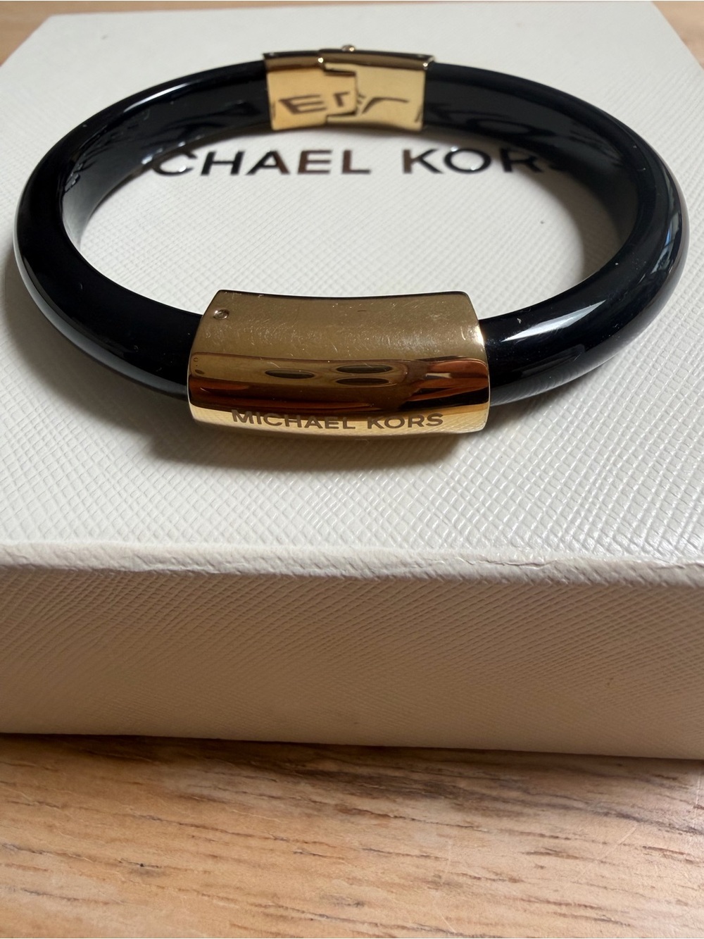 Michael Kors Black Resin Bangle with Gold Logo Plate
